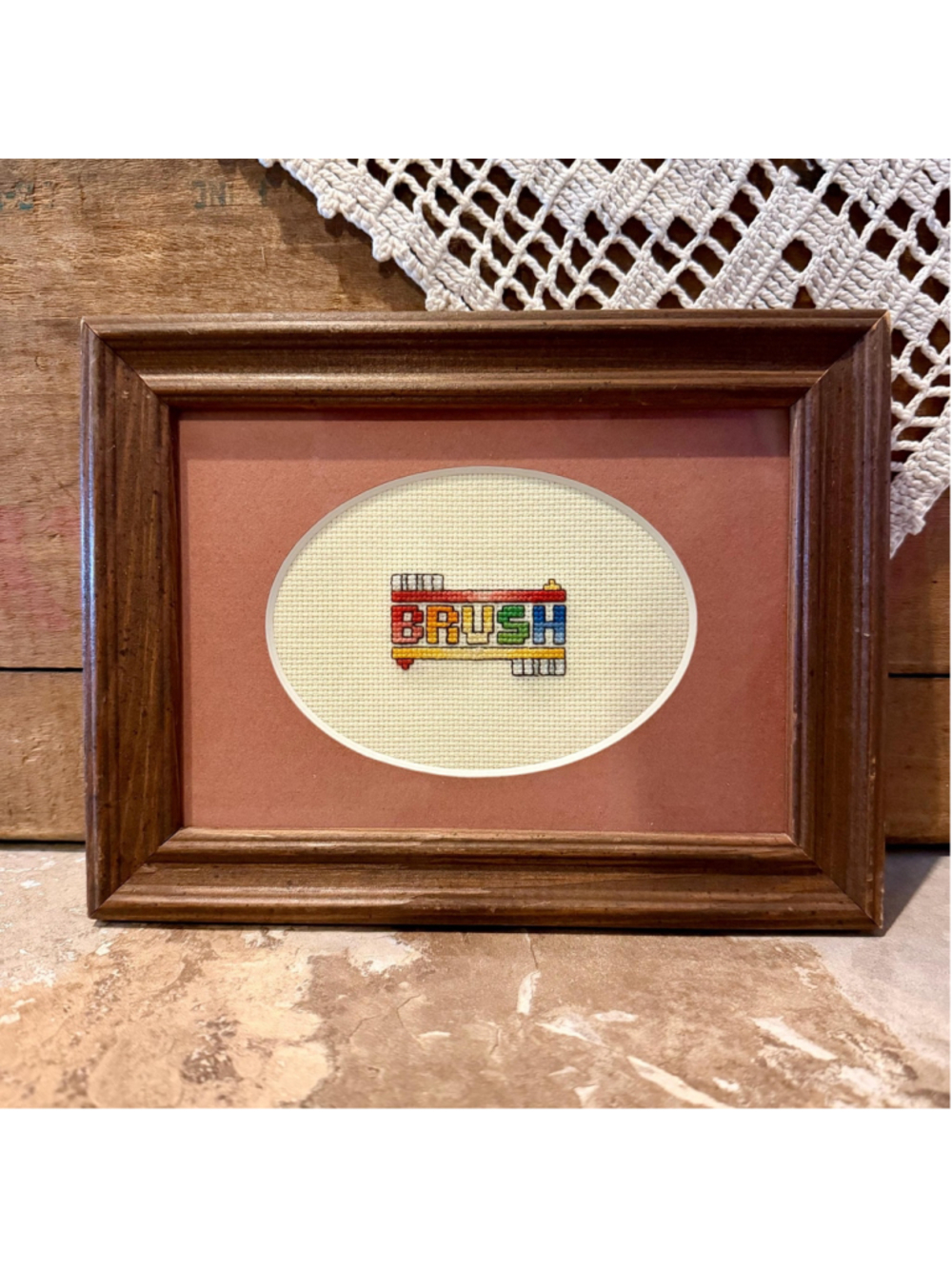 Vintage Framed Toothbrush Cross Stitch Art | Retro BRUSH Bathroom Wall Decor in